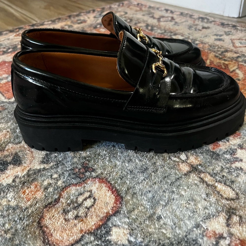 Thursday Boot Company Black Patent Loafers with Gold Bit Hardware